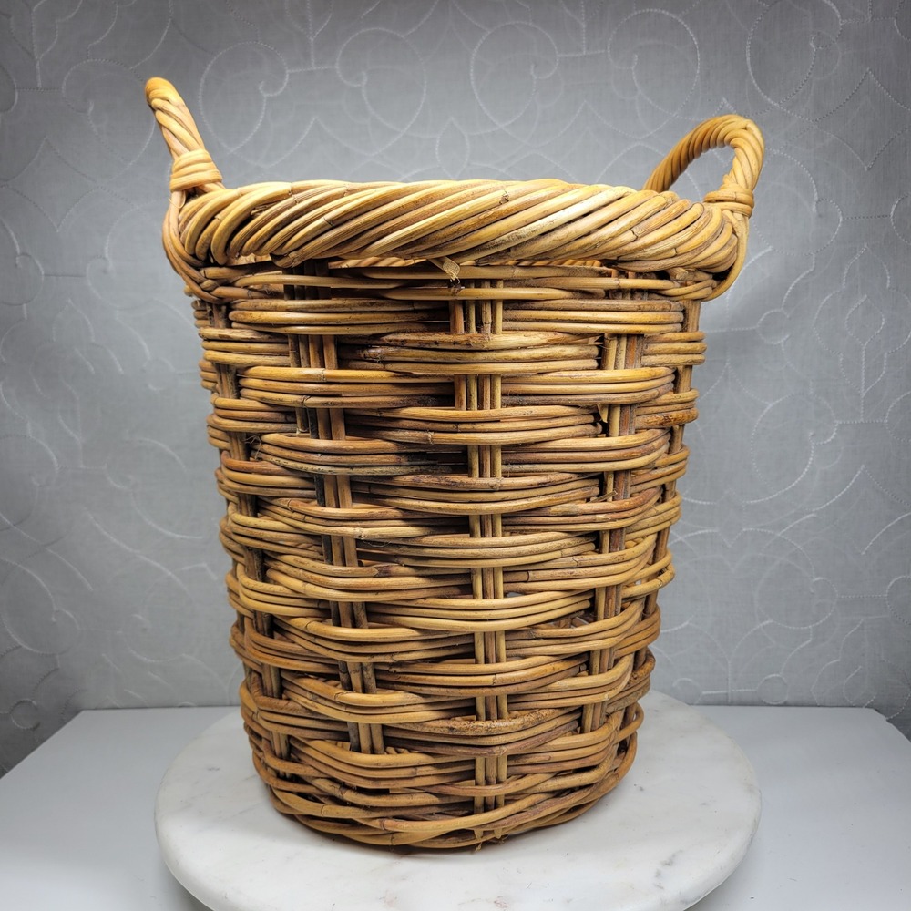 Handmade Woven Wicker Stick Basket Large Rustic Storage Handles Farmhouse Decor